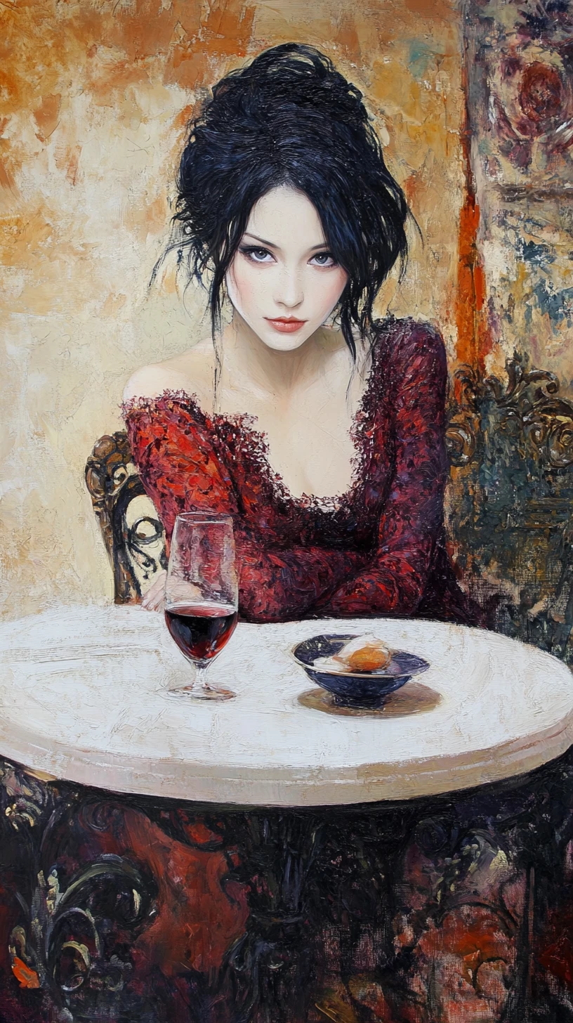 Mulher elegante de vestido vermelho em mesa ornamentada de café