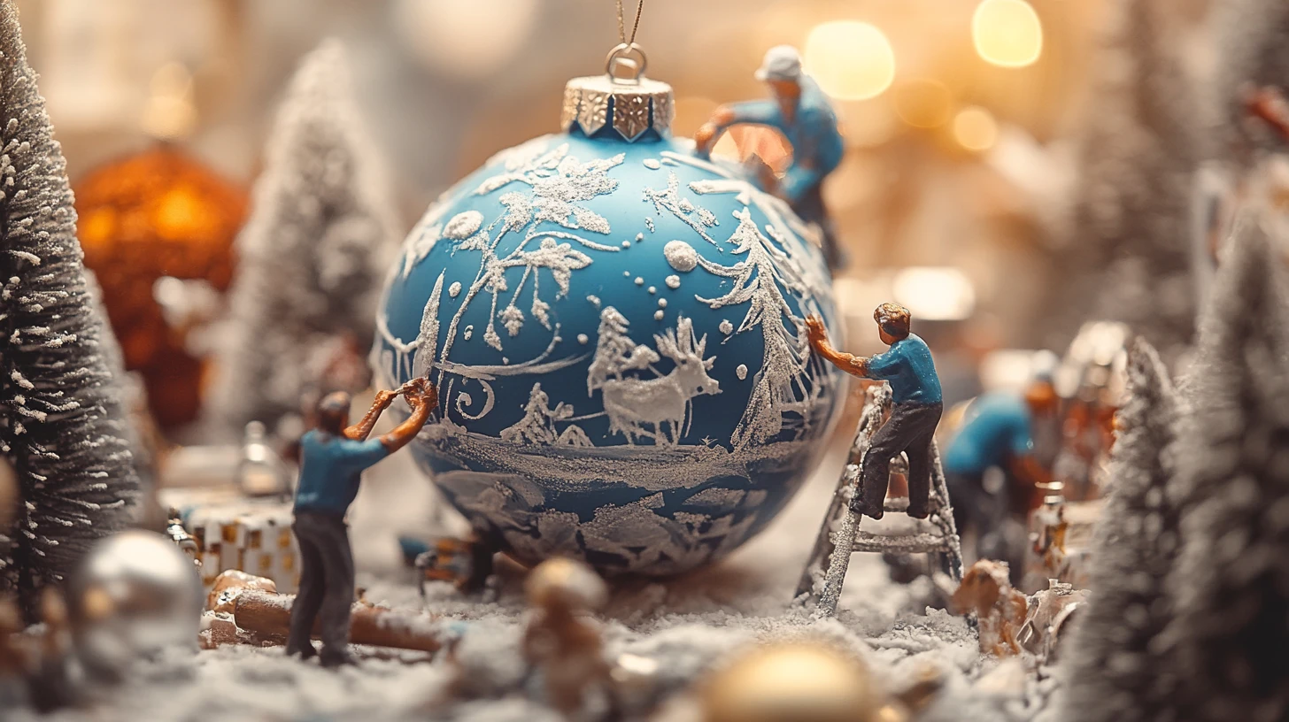 Trabajadores en miniatura pintando un adorno navideño azul