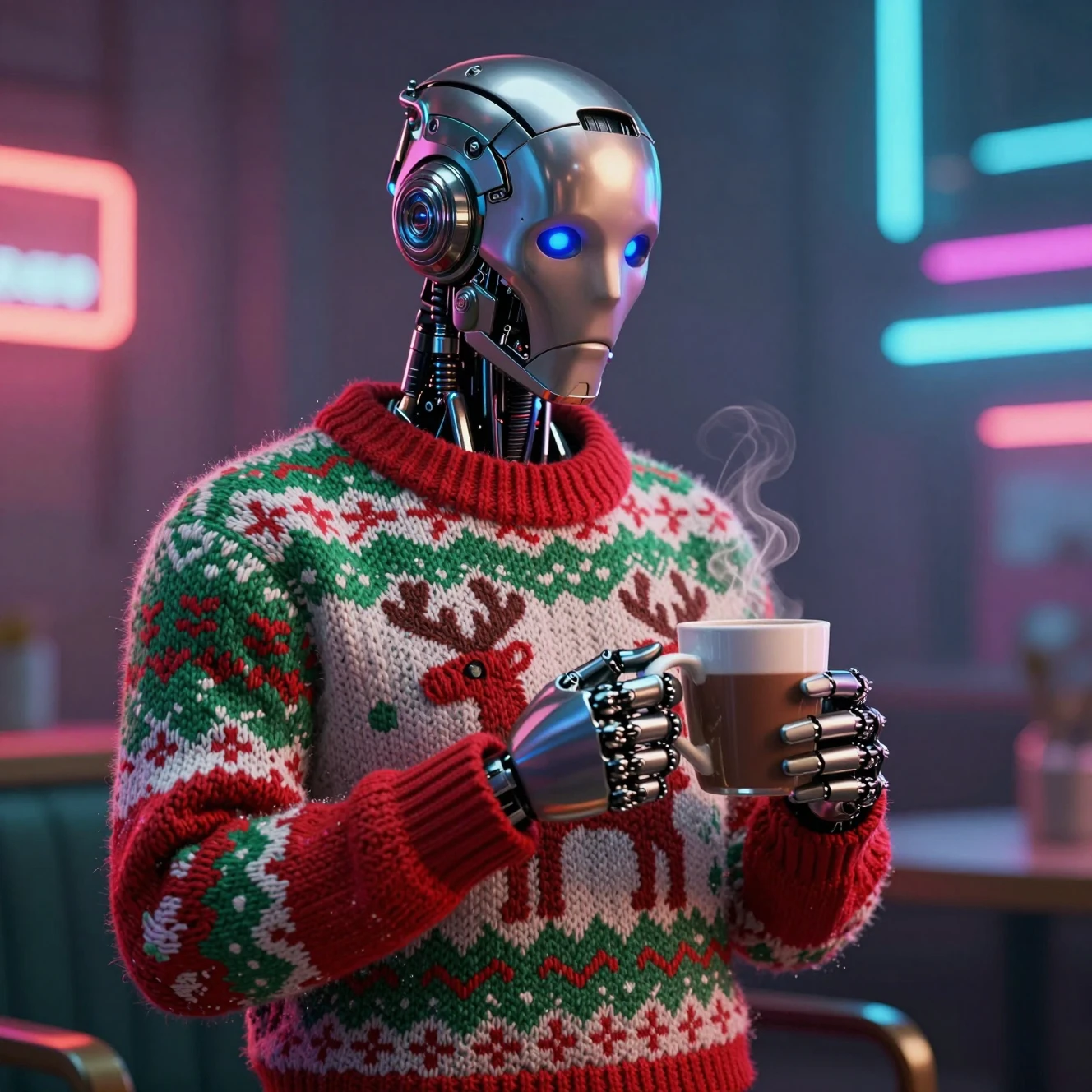 Cyborg im Ugly-Christmas-Sweater mit heißer Schokolade