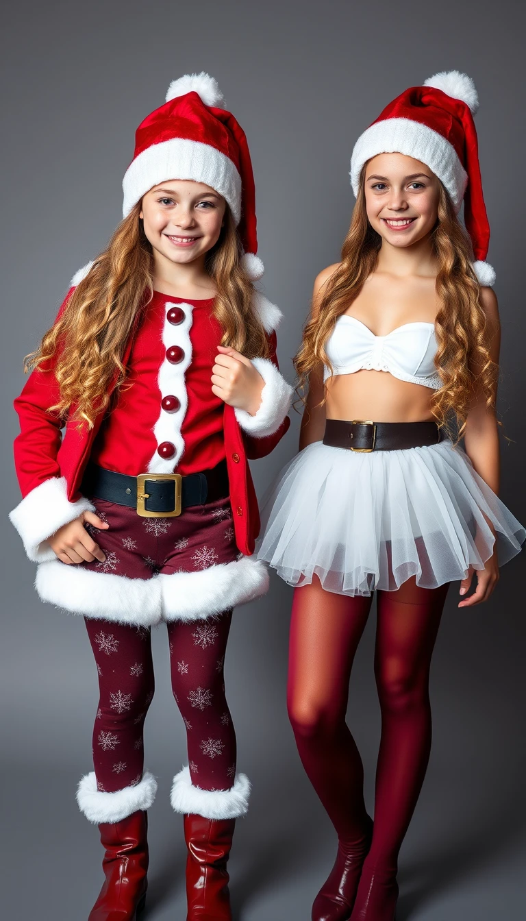 Smiling Nordic sisters in festive Santa and snow maiden costumes