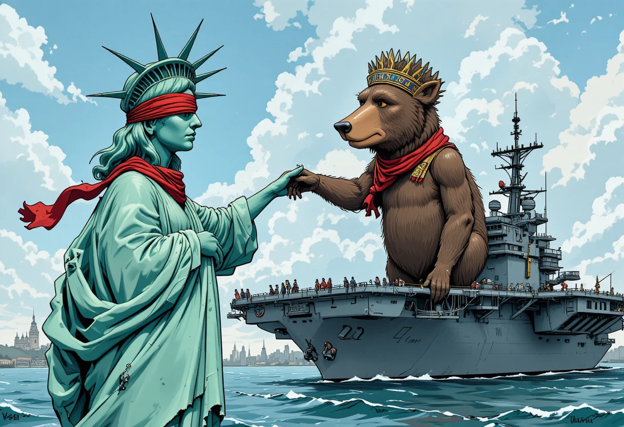 Statue de la Liberté aux yeux bandés tendant la main vers un ours russe