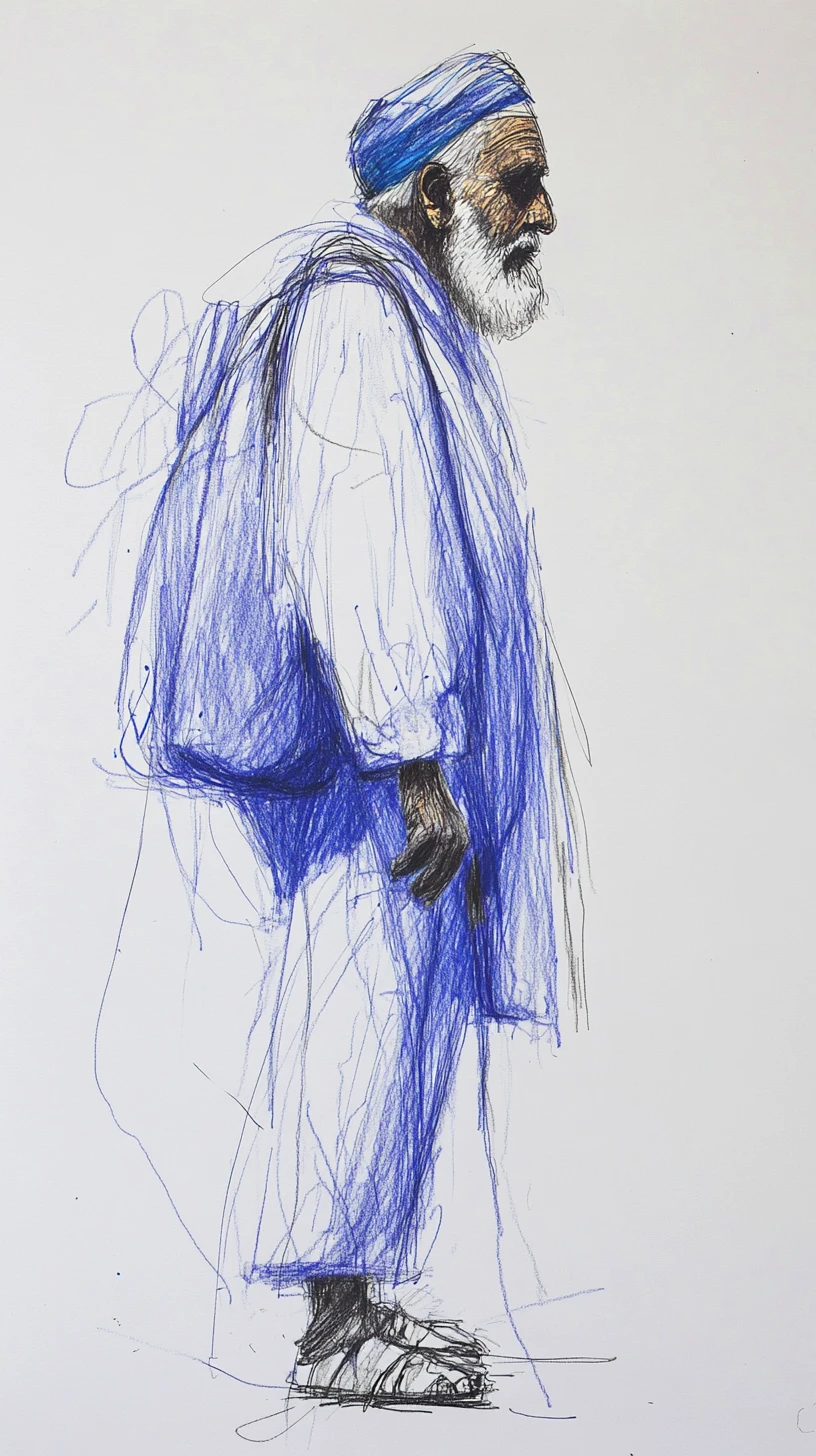 Elderly arab man in blue robe carrying woven baskets