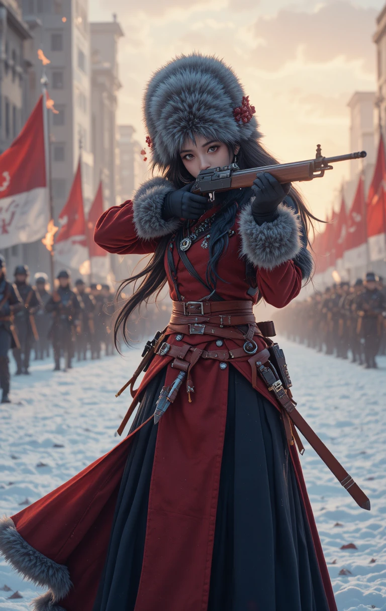 Ragazza anime che mira con il fucile all’alba in una base innevata