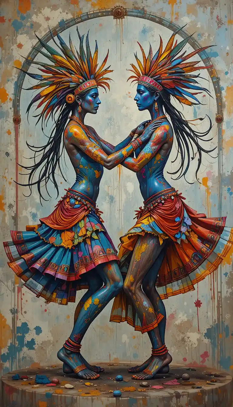 Indigenous Brazilian dance in expressive mixed media painting