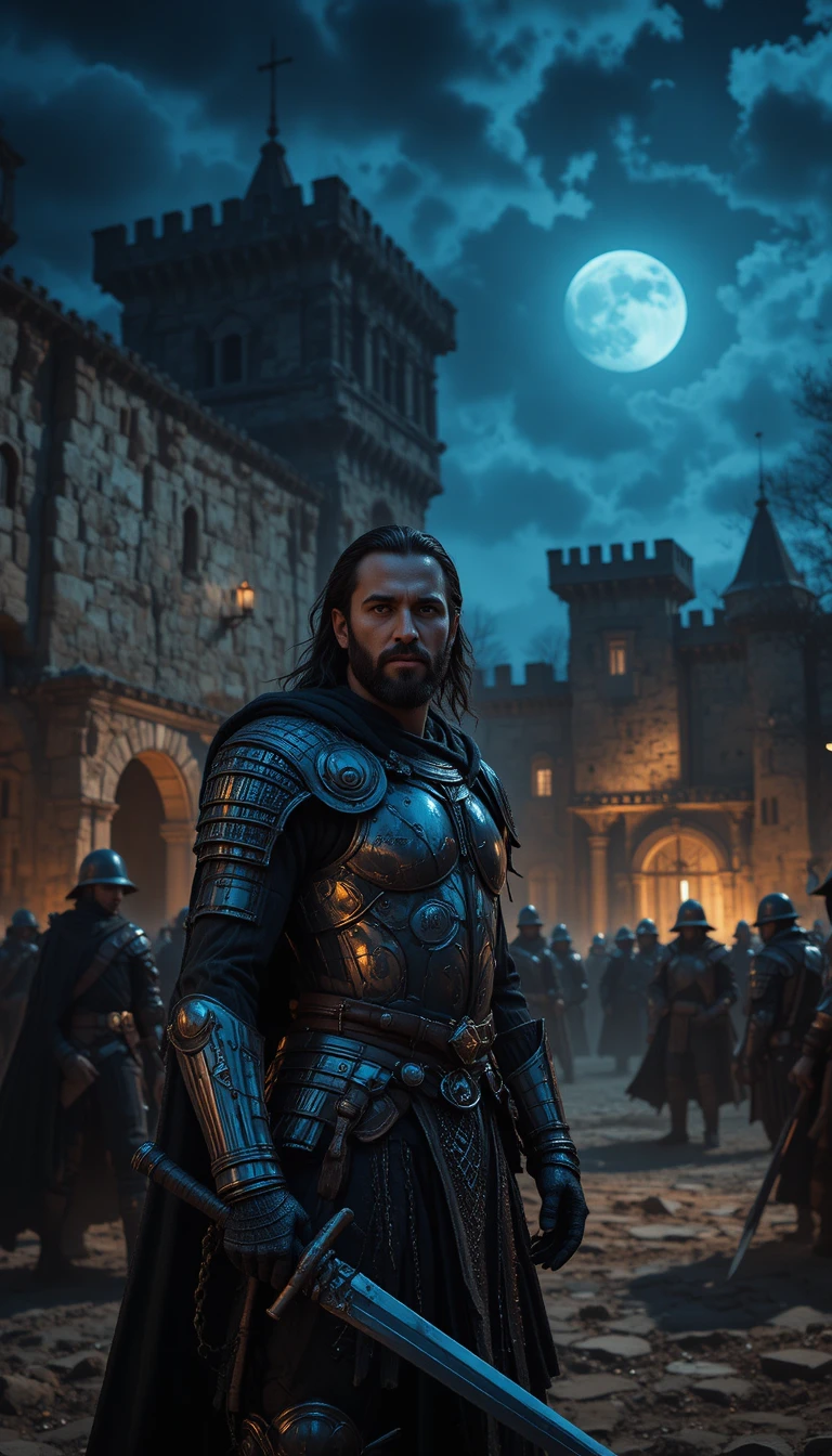 Male warrior in castle courtyard under a moonlit sky