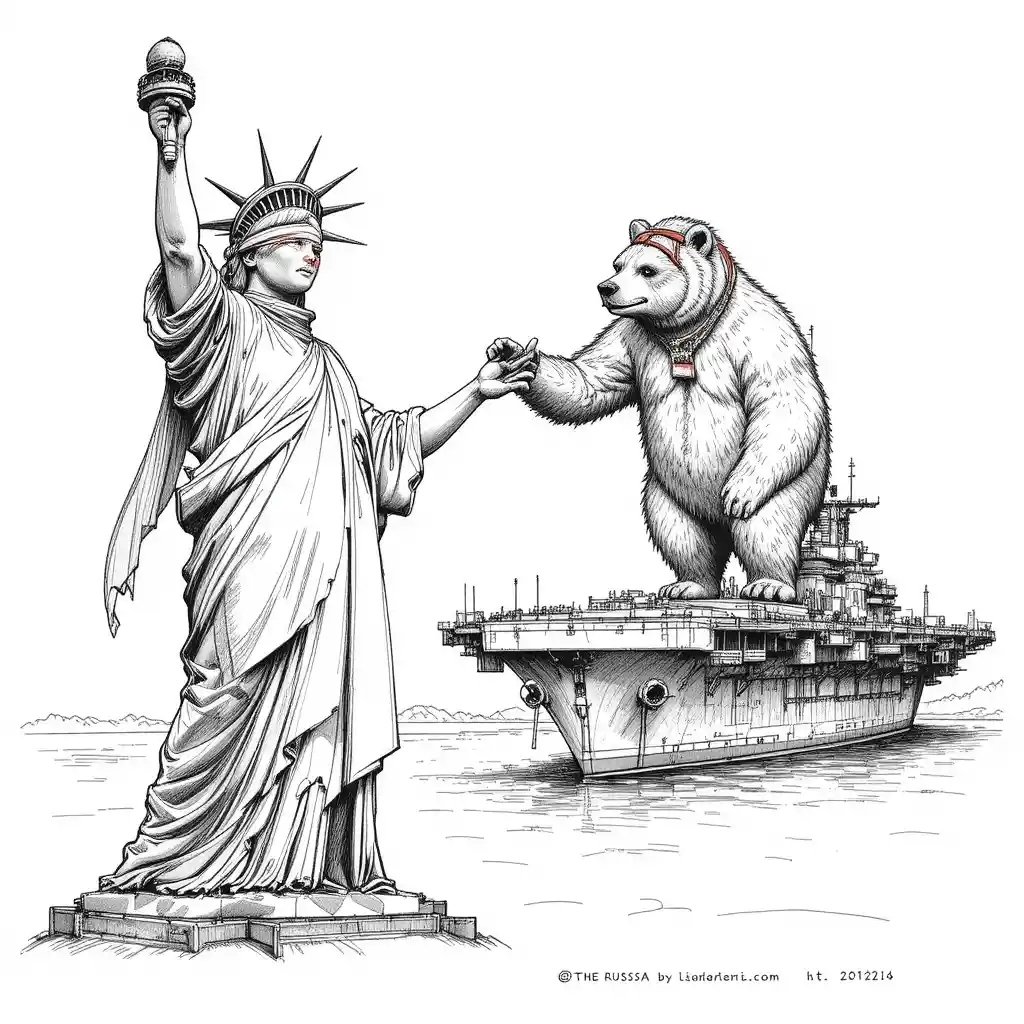Statua della Libertà che Stringe la Mano a un Orso Russo su una Portaerei