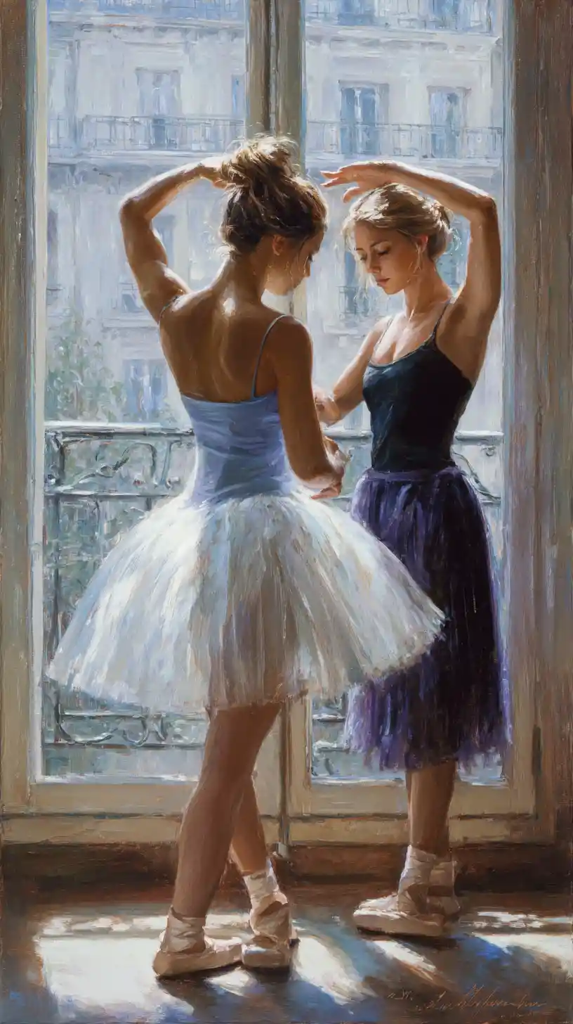 Two ballerinas preparing by a bright studio window