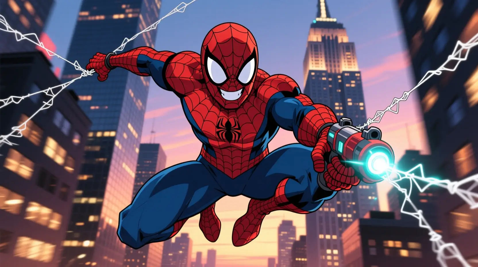 Anime superhero swinging through twilight city skyscrapers