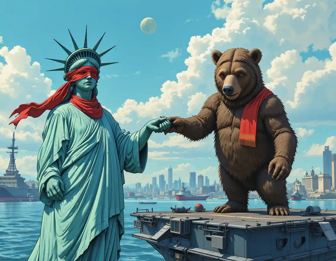 Freiheitsstatue schüttelt einem russischen Bären die Hand