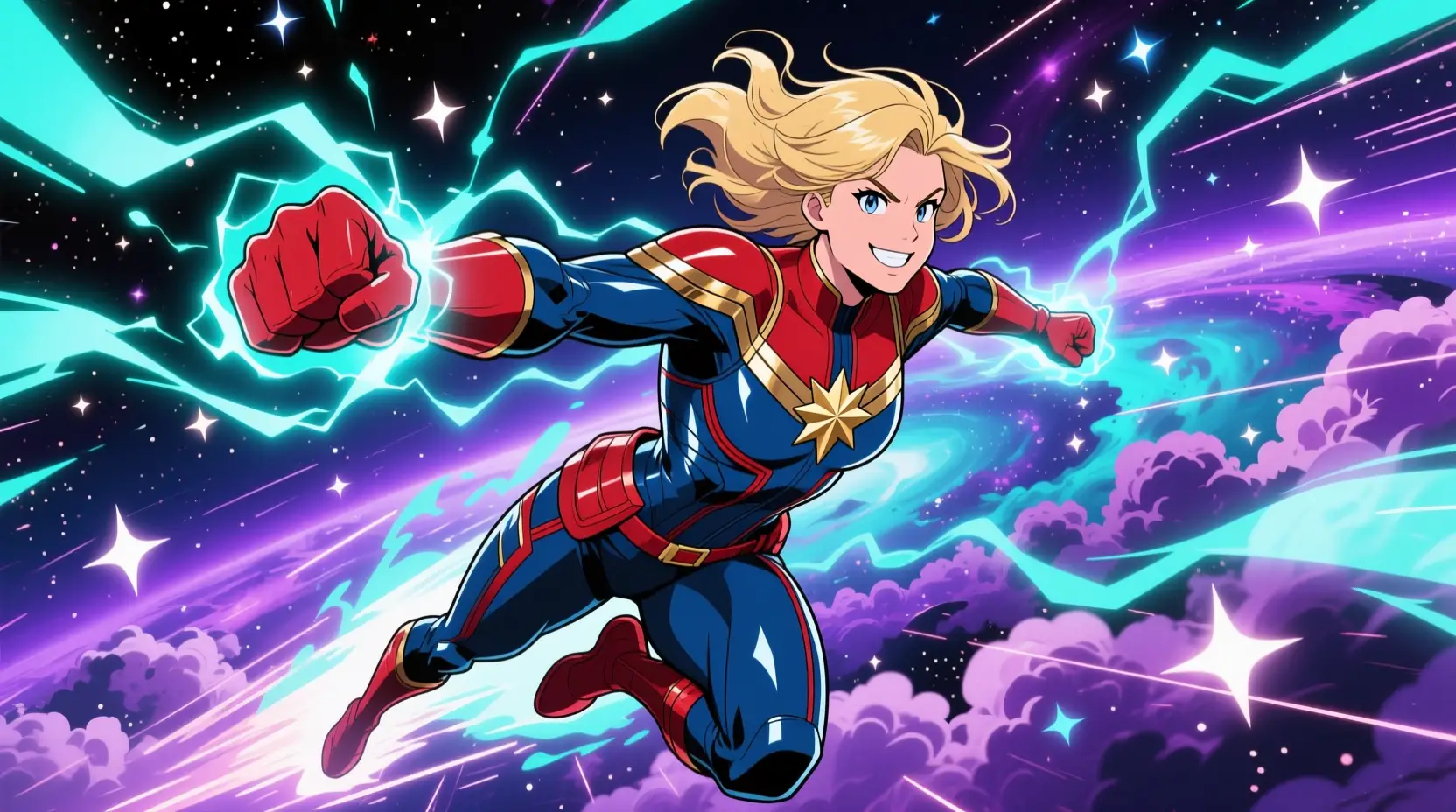 Anime heroine soaring through glowing cosmic nebula sky