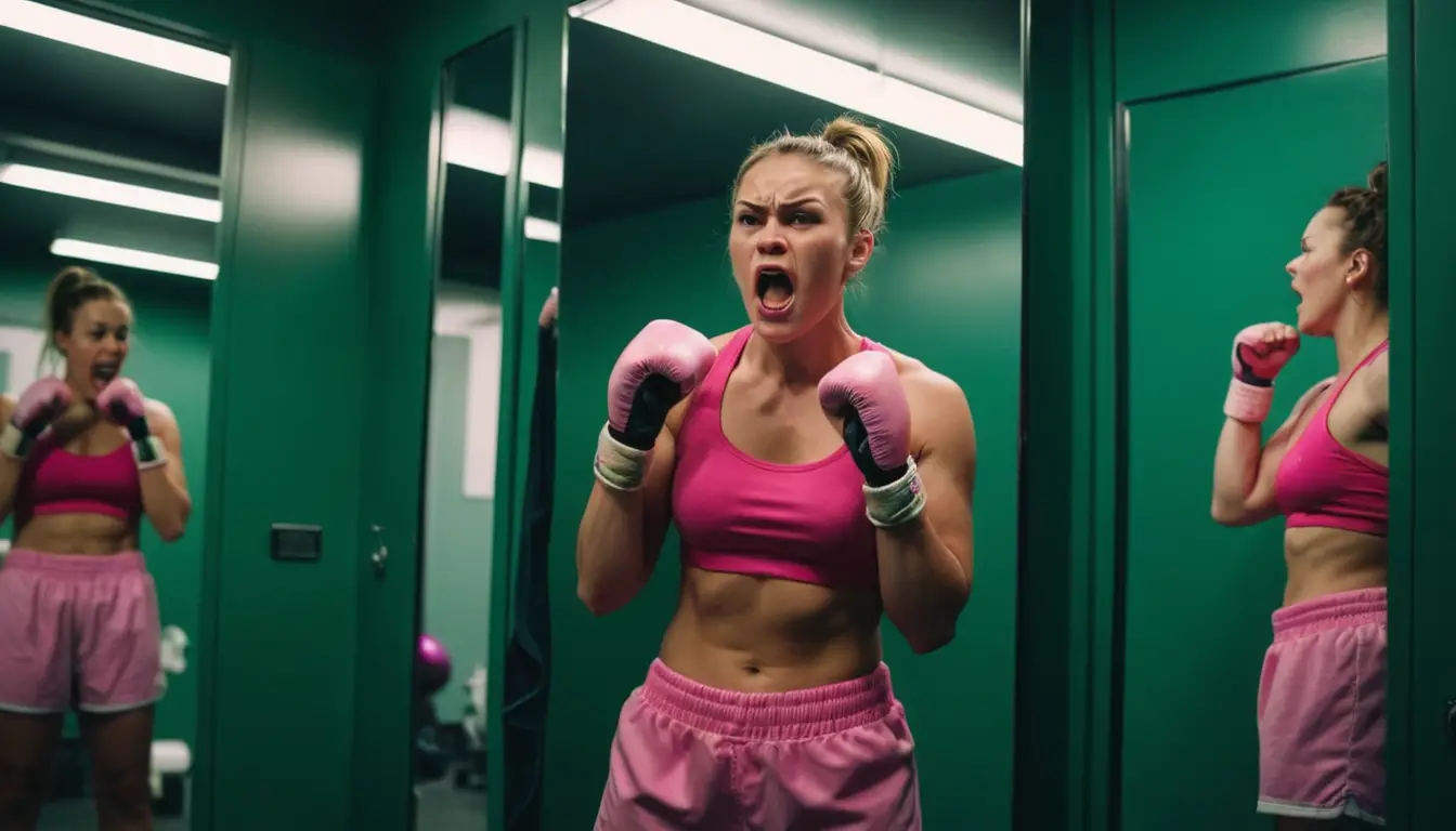 Low angle view of a woman boxer in a dim locker room