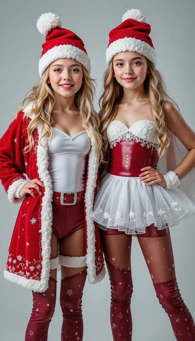 Two sisters in festive Santa and Snow Maiden costumes