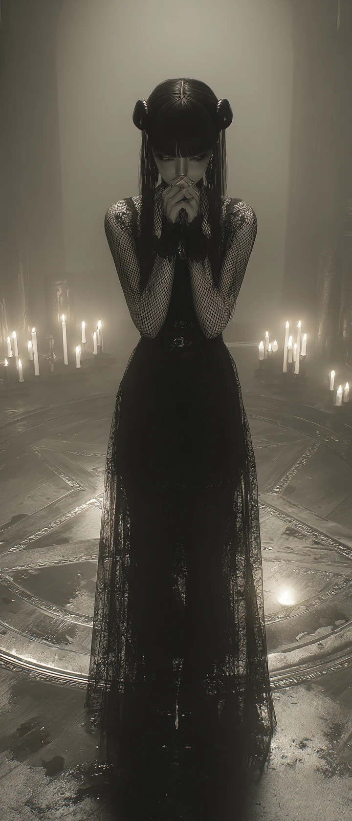 Gothic woman with horns in candlelit foggy room