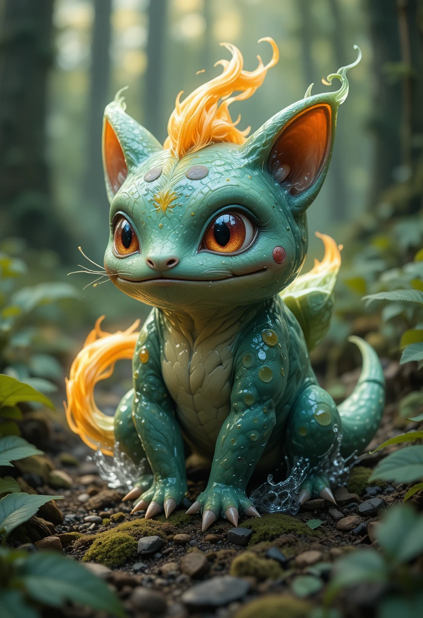 Close up of a small fantasy cat like forest creature