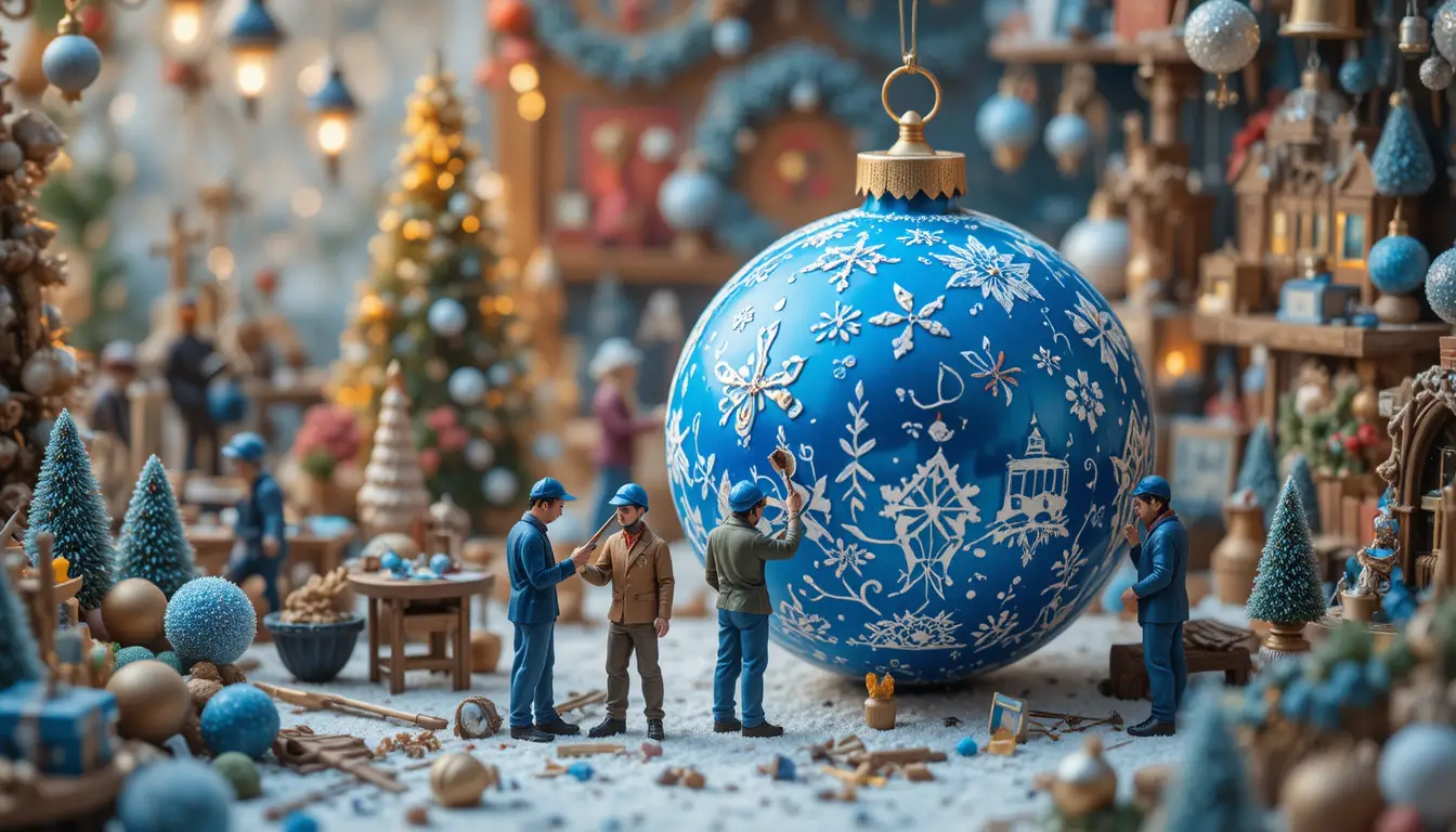 Ouvriers miniatures décorant une boule de Noël bleue