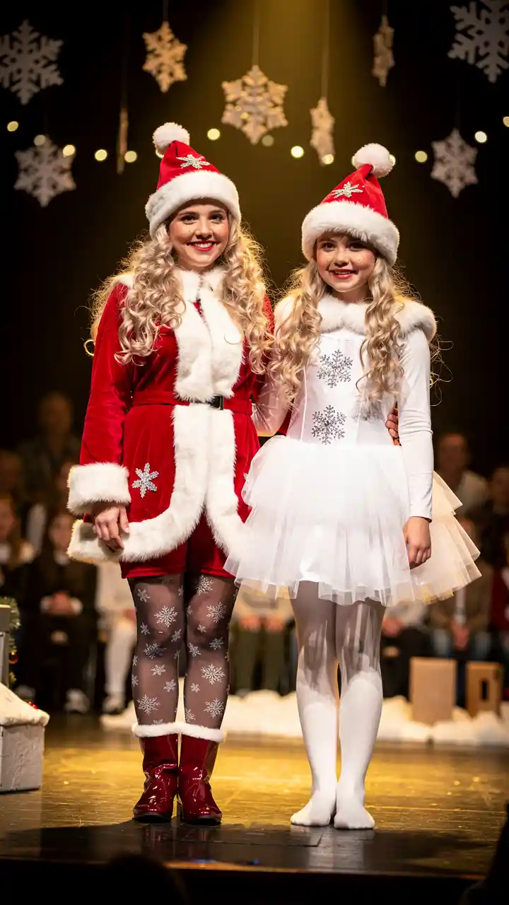 Nordic sisters in festive Santa and Snow Maiden costumes