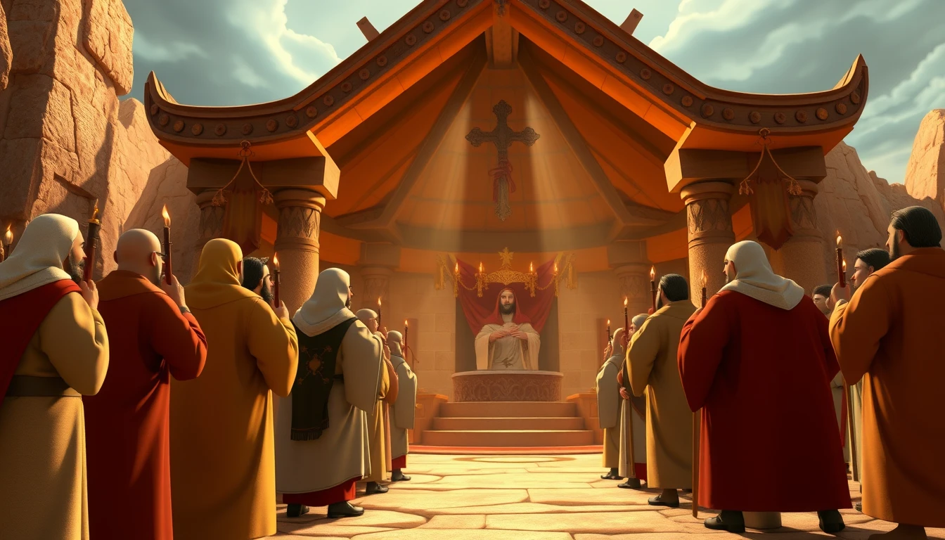 Prêtres 3D accomplissant des rituels du tabernacle dans un intérieur sacré