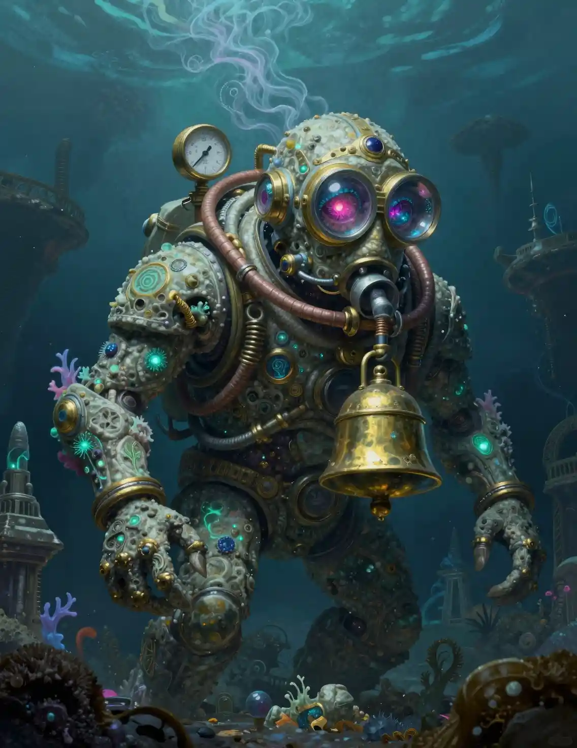 Ancient abyssal stone guardian monster in an underwater city
