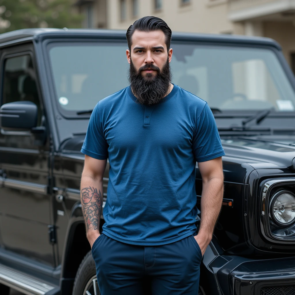 Man in blue t shirt standing beside a black car