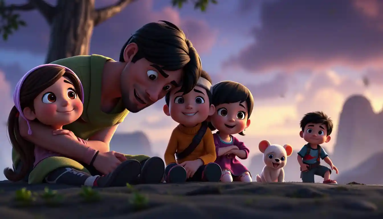 Disney-Pixar-Style: 3D-Familie, die gemeinsam stärker wird