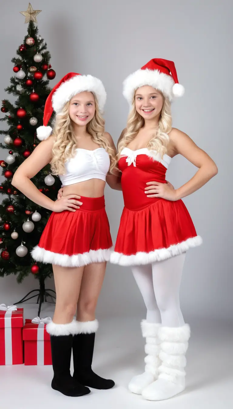 Smiling Nordic sisters in Santa and Snow Maiden costumes