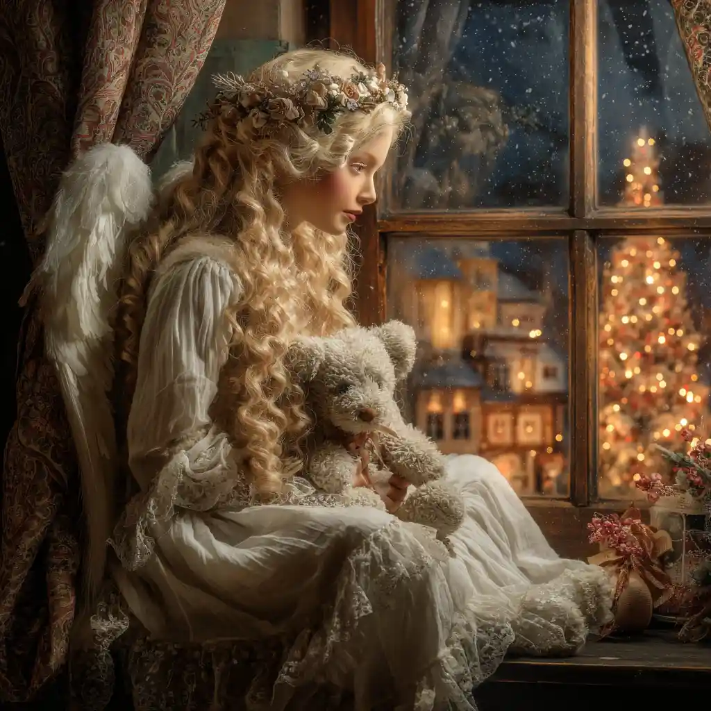 Angel girl with teddy bear on a cozy window