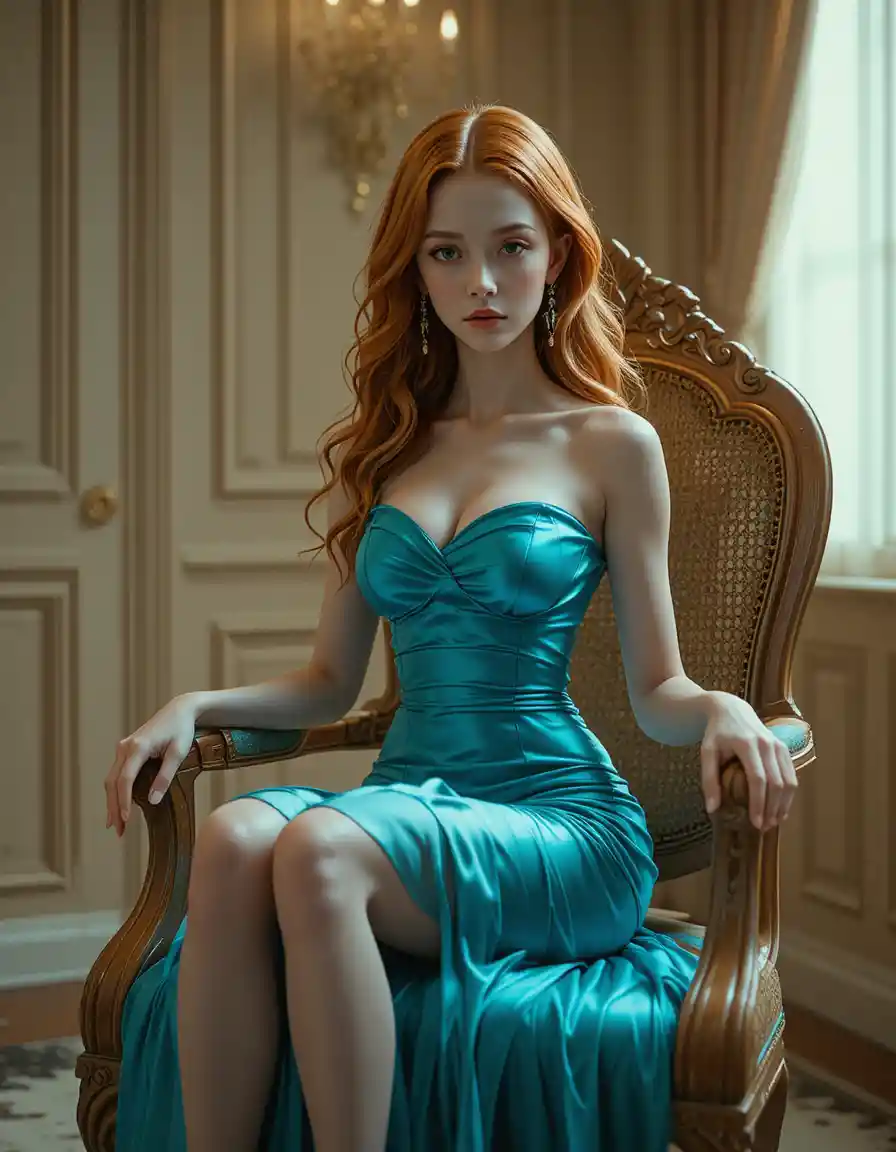 Silicone female doll in turquoise slip on ornate chair