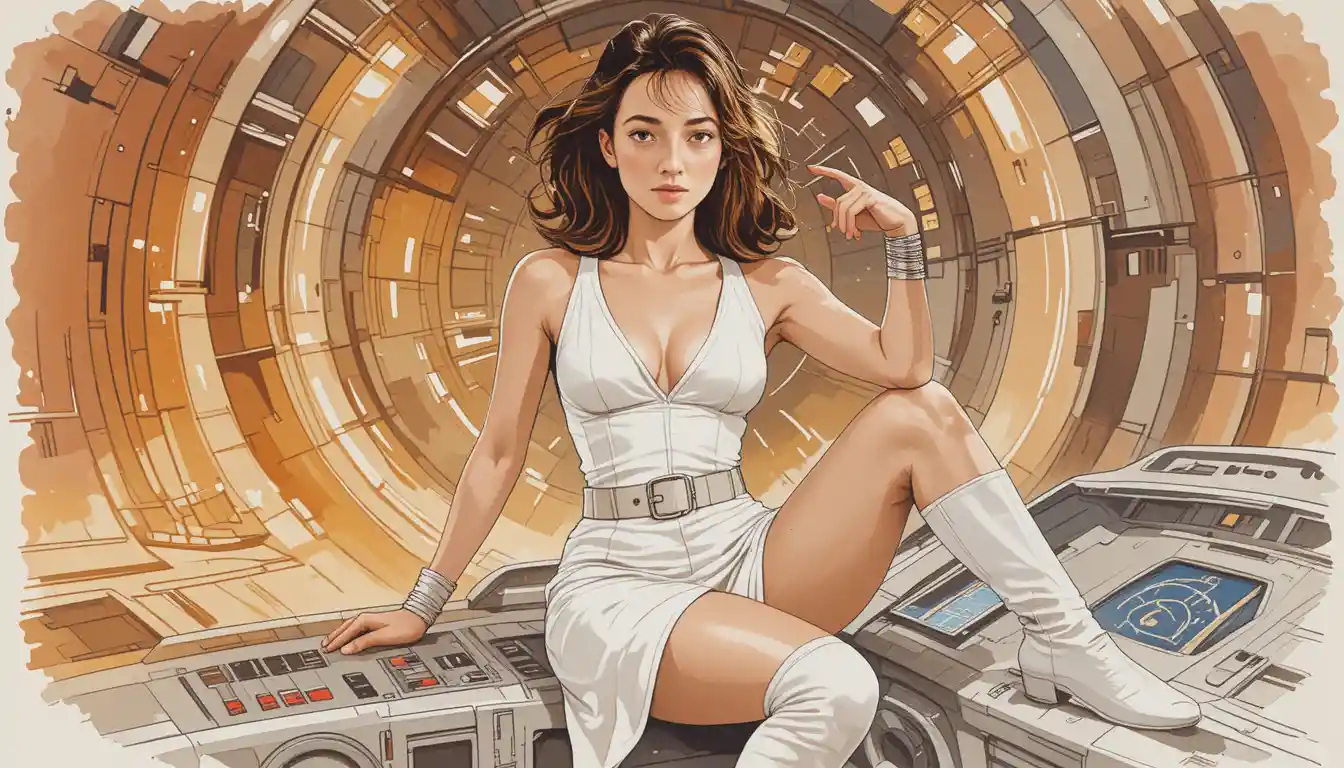 Watercolor sci fi heroine on futuristic control panel