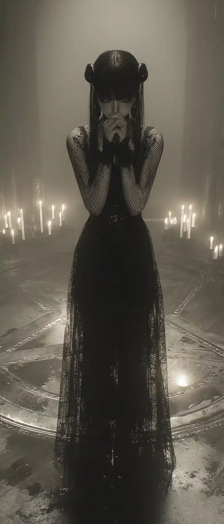 Gothic woman with horns in candlelit foggy room