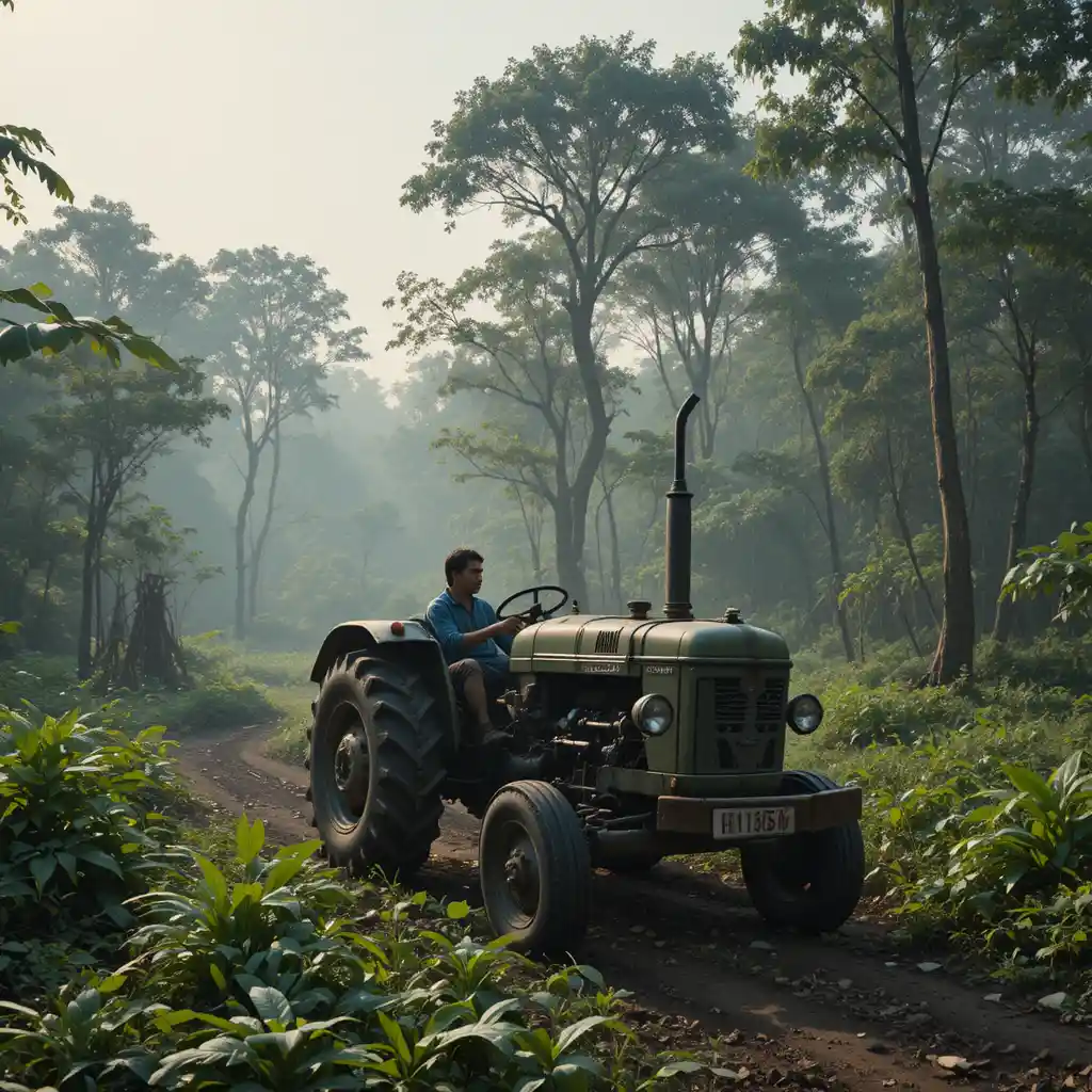 Farmer driving an old tractor on a dirt road at dawn