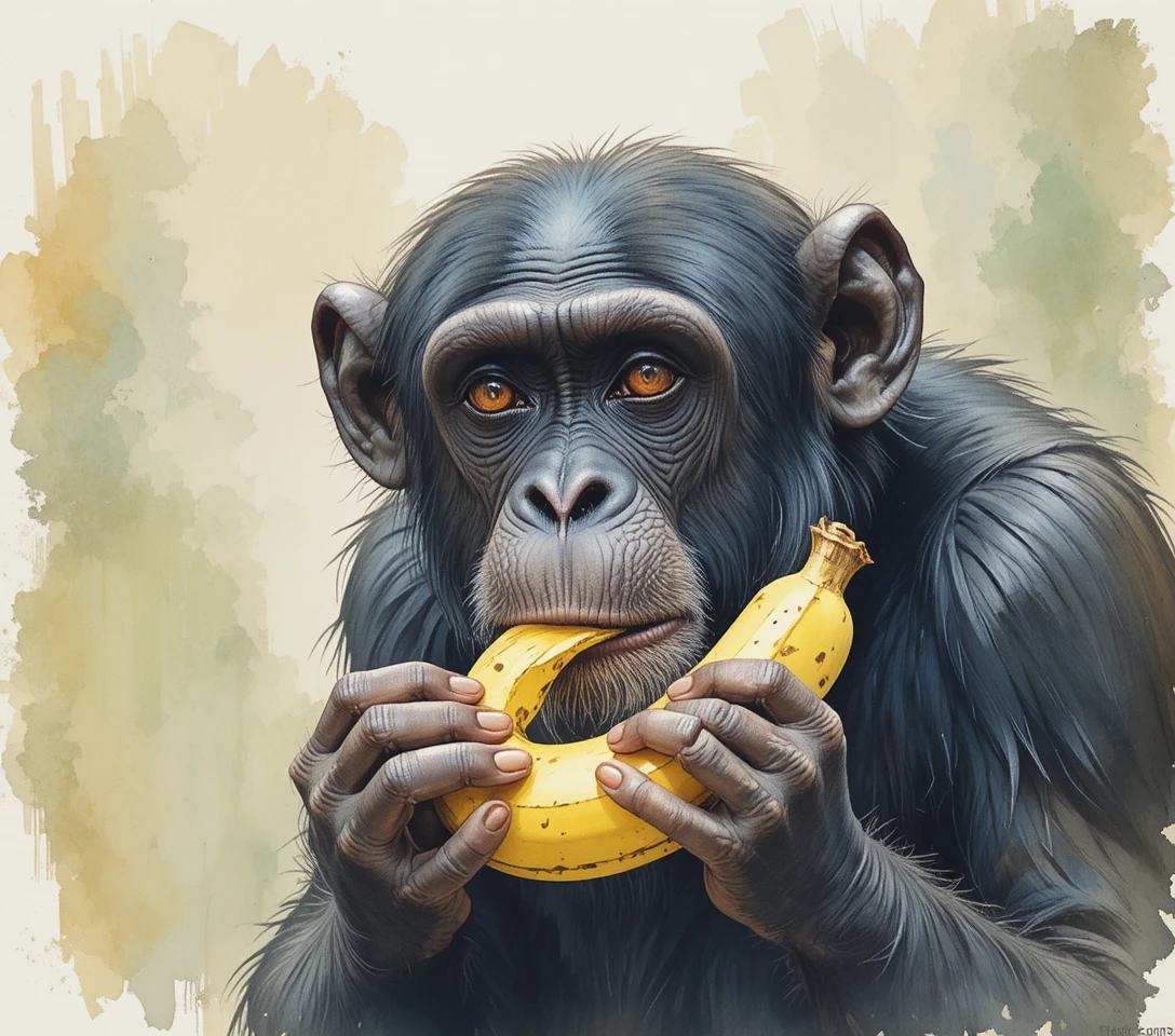 Scimpanzé adulto che mangia una banana in una morbida luce naturale