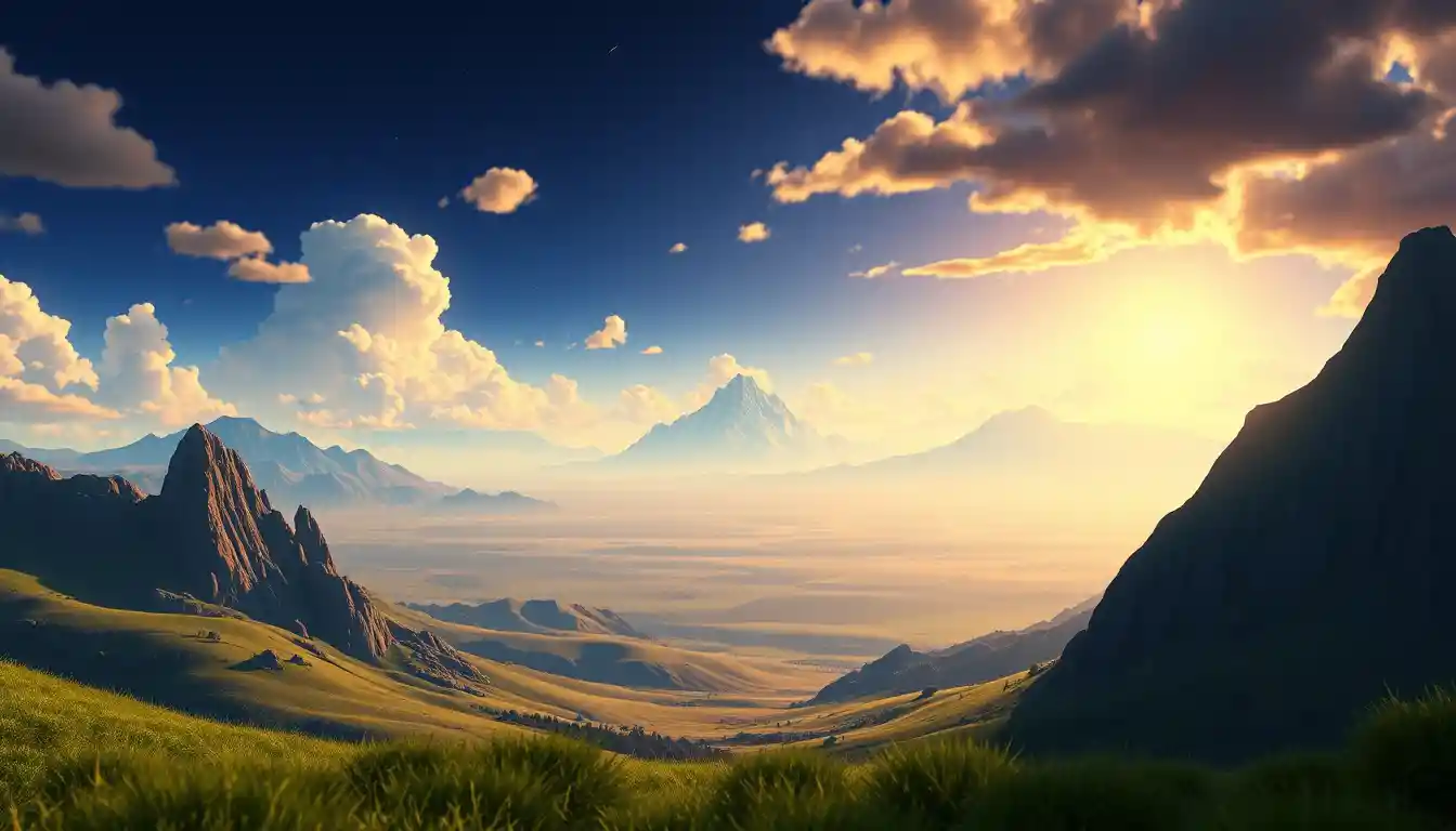 Paysage montagneux 3D épique au terme d’un long voyage