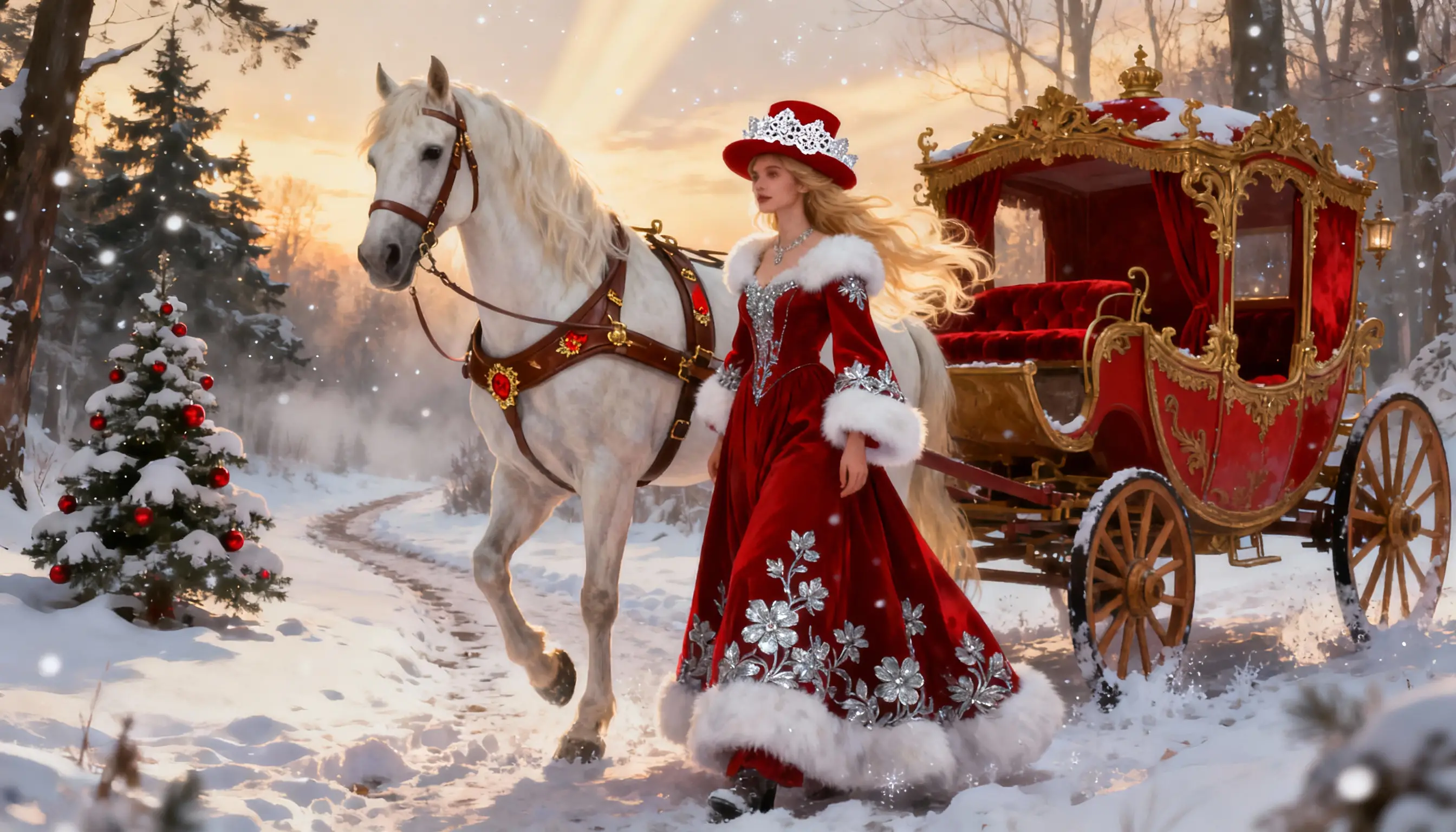 Elegant woman with white horse in snowy forest carriage