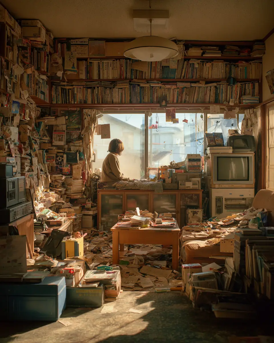 Person resting in cluttered showa era living room