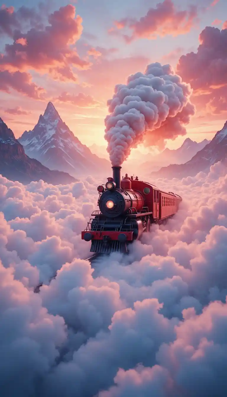 Roter Dampfzug fliegt bei Sonnenuntergang durch die Wolken