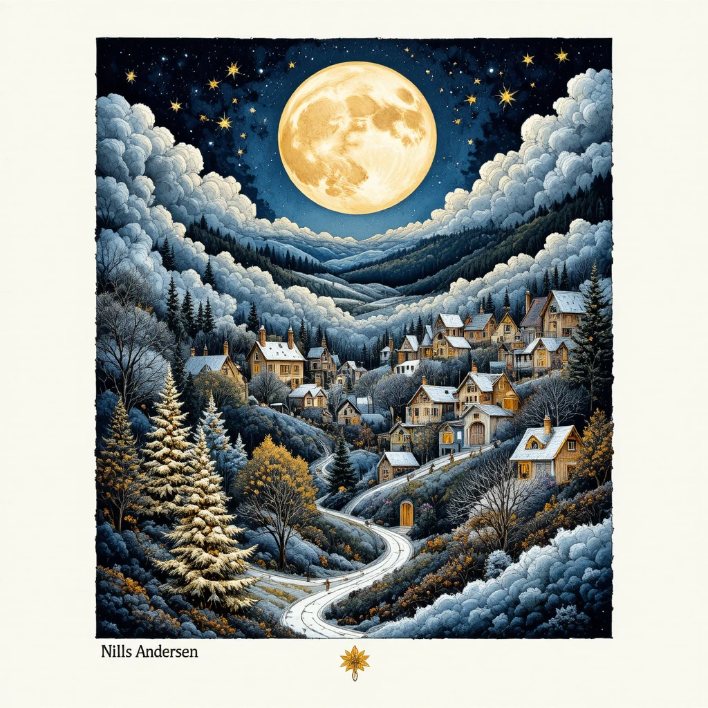 Whimsical patchwork village glowing under a full winter moon