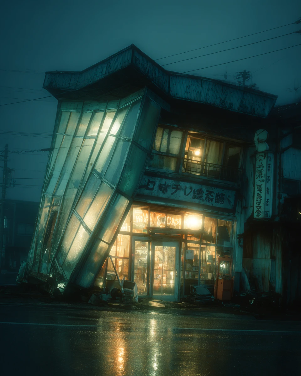 Surreal Showa Era Storefront Folding Under Invisible Distortion