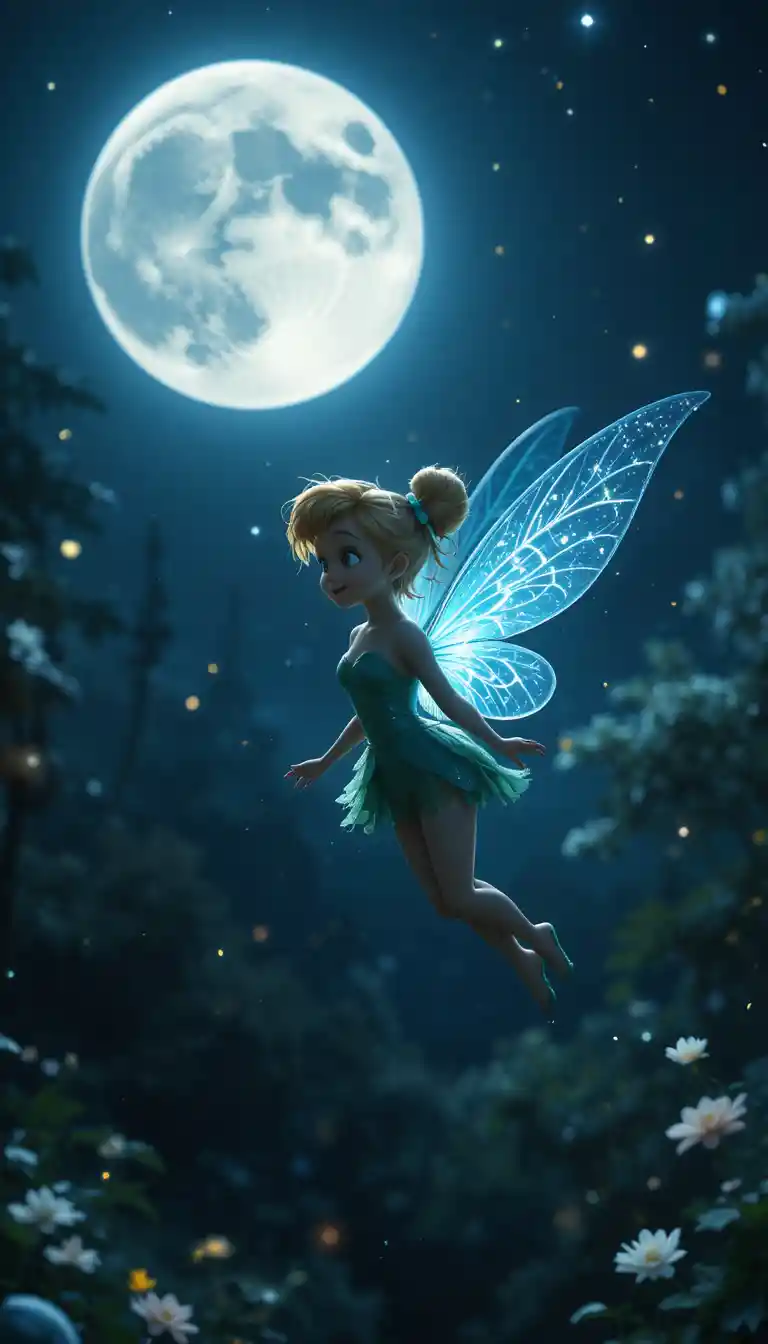 Fairy girl hovering under a glowing moon at night