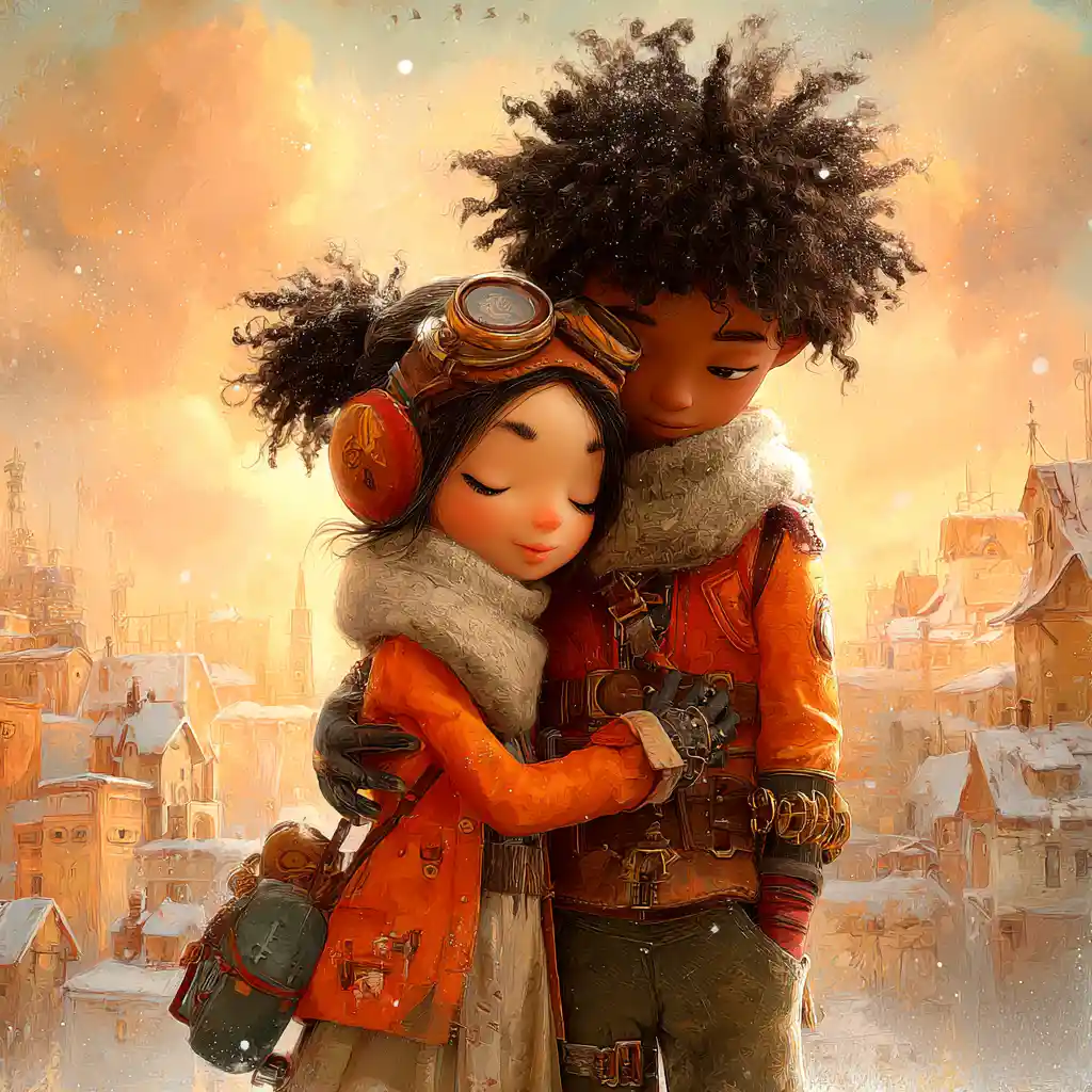 Bambini steampunk che si abbracciano in una città invernale surreale