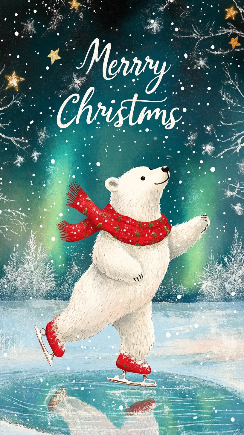 Eisbär, der auf einem zugefrorenen Teich unter Nordlichtern Schlittschuh läuft