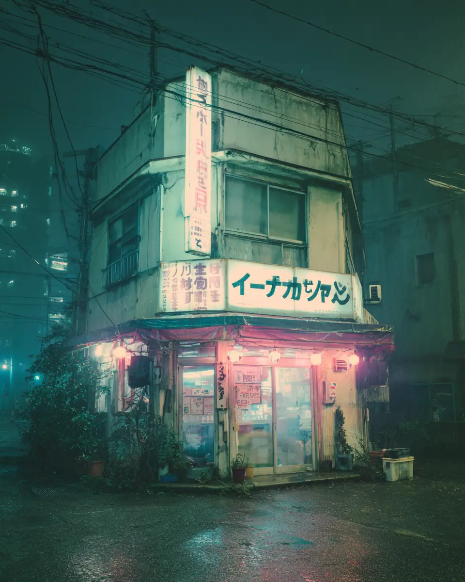 Surreal Derelict Storefront Folding Into Itself At Night