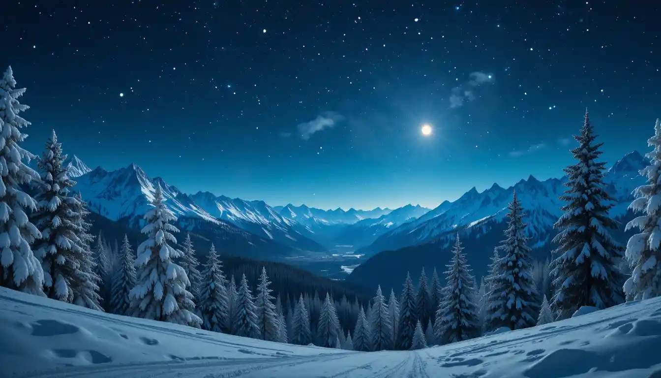 Winter mountain panorama under a serene starry night sky