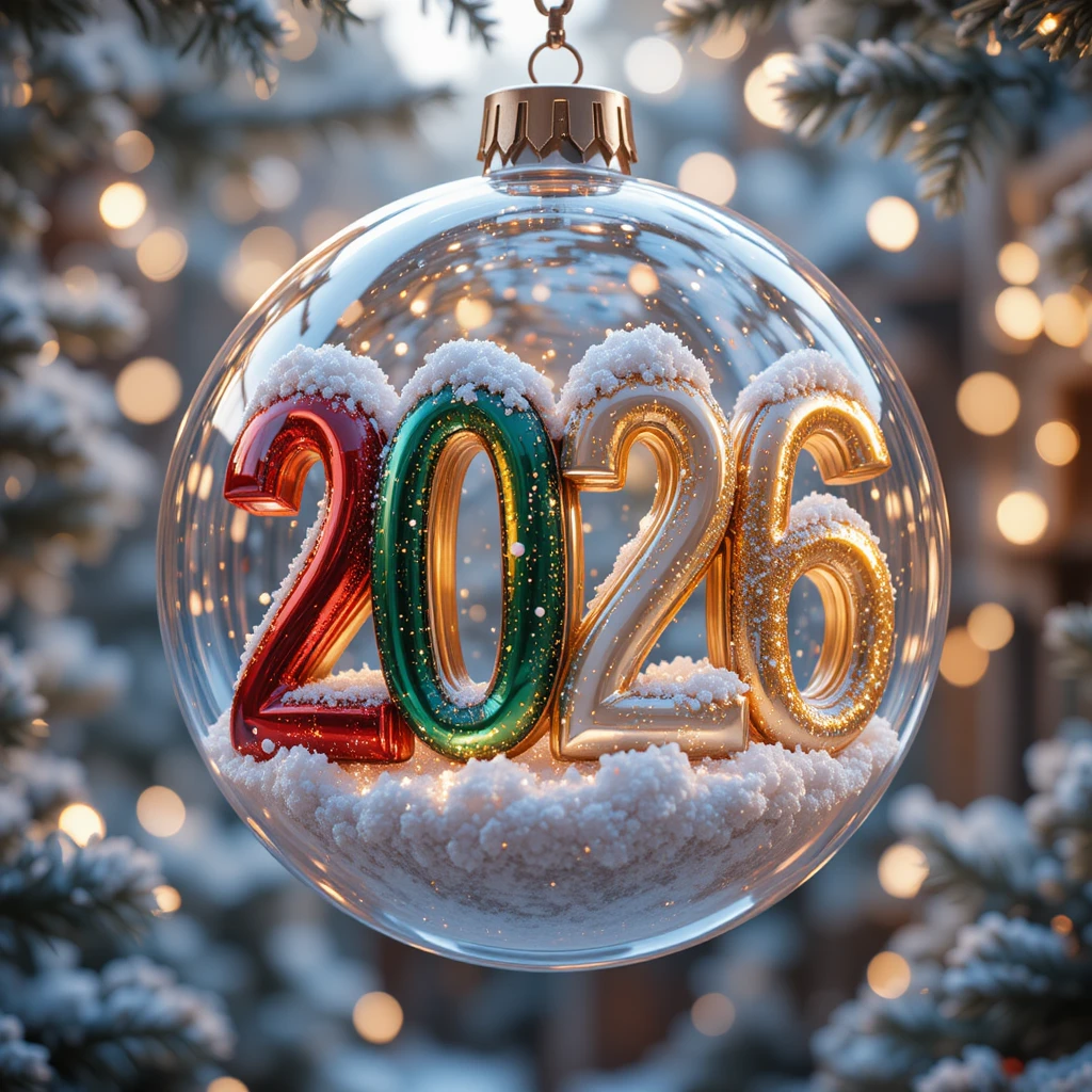 Glass Christmas bauble with 2026 digits in snowy forest