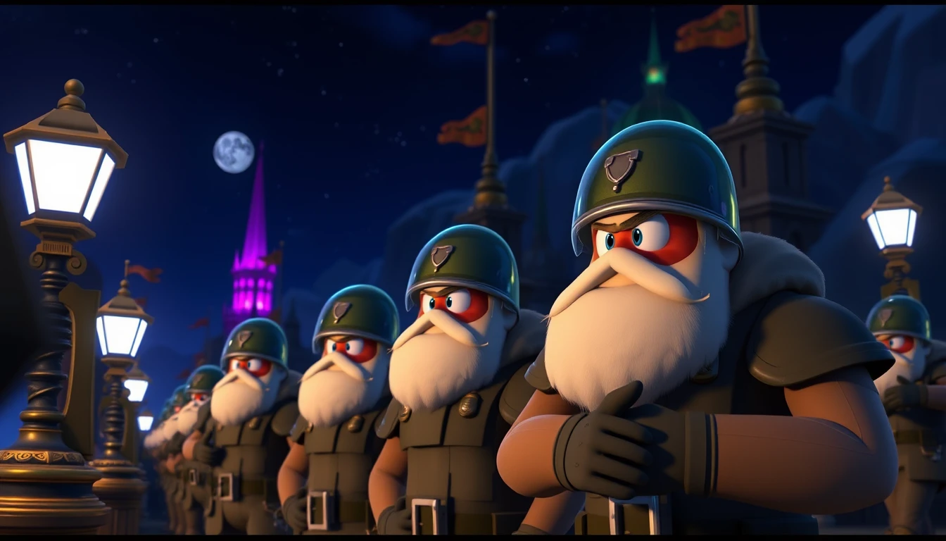Vigilant guards on night watch in 3d animated city