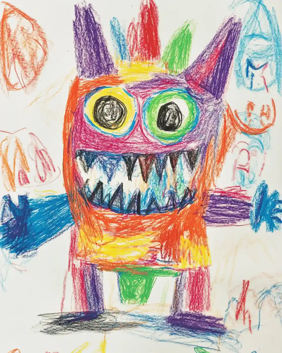 Colorful crayon monster drawing by a young child