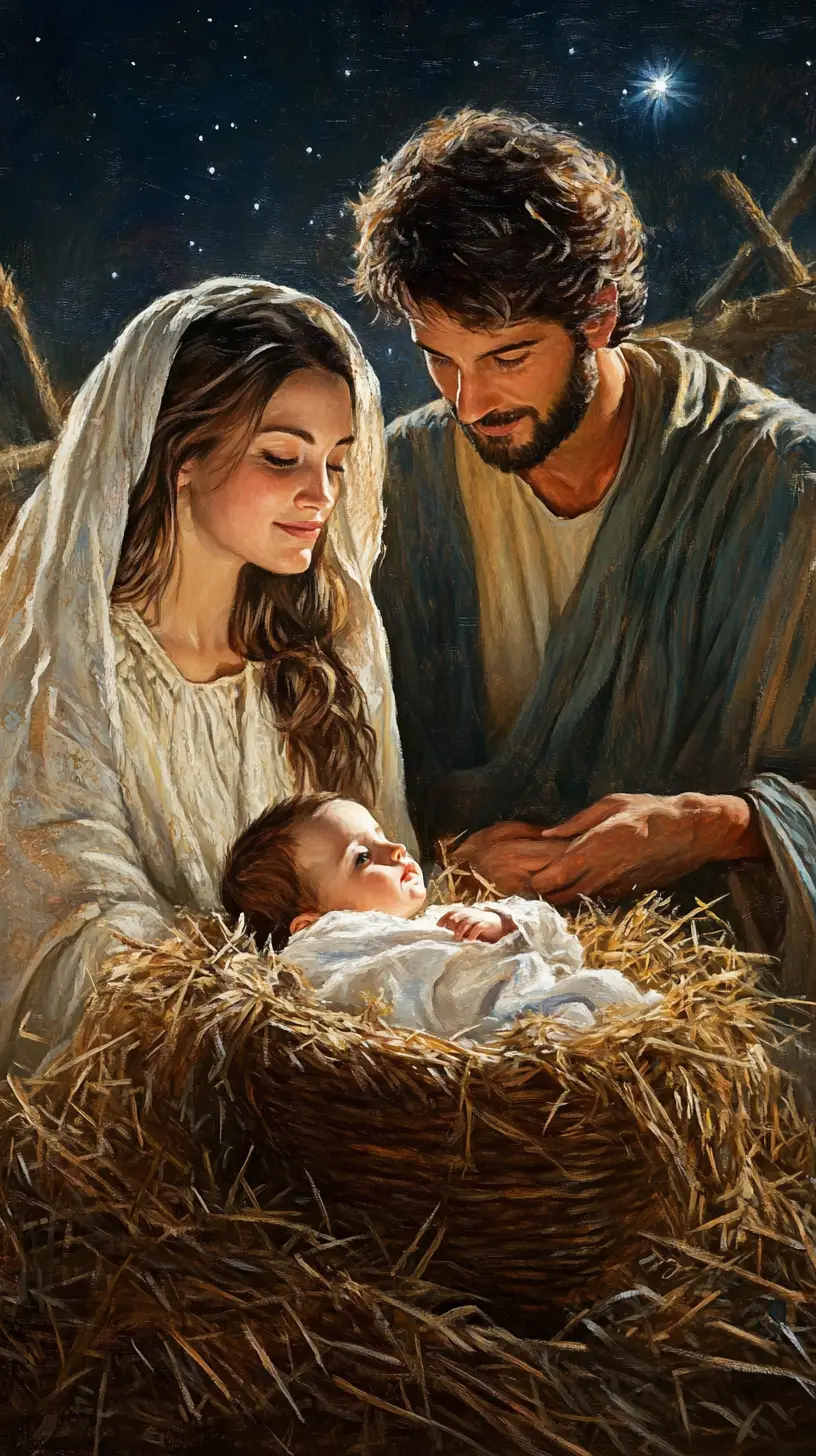 Scena della Sacra Famiglia nel presepe in una stalla caldamente illuminata