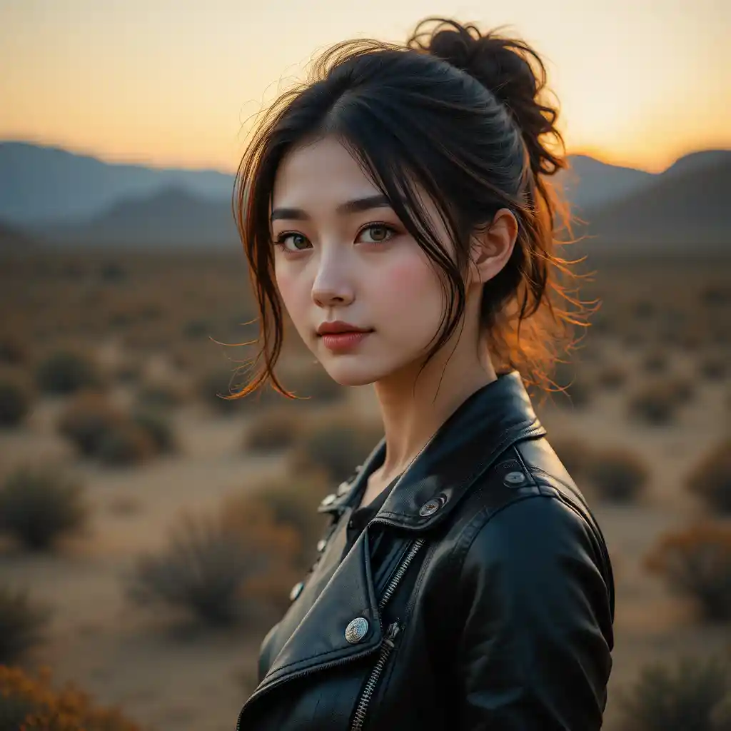 Young woman in leather jacket at warm desert sunset