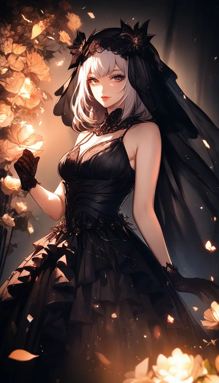 Mysterious woman in black veil in soft candlelit room
