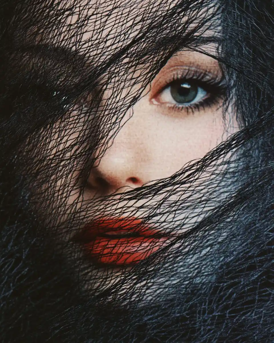 Surreal embroidered face portrait with moody vintage collage