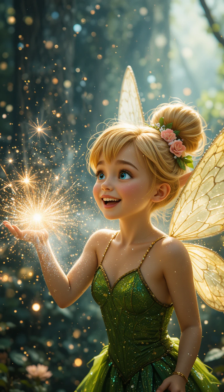 Fairy girl releasing glowing dust in magical air
